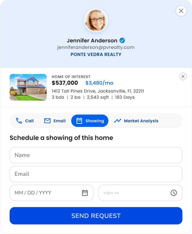 The contact card on a listing: the agent's photo, name and brokerage above the home, with Call, Email, Showing and Market Analysis tabs and a form to schedule a showing.