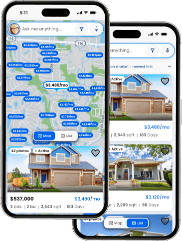 Two phones showing Afordal : Home Search: a map with a monthly payment on every pin above a listing, and a list of homes with prices and monthly payments.