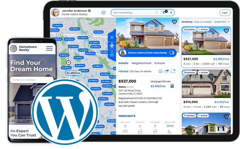Afordal : Home Search embedded in an agent website, with a phone showing the same search