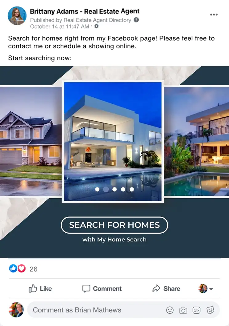 A pinned Facebook post linking to Afordal : Home Search