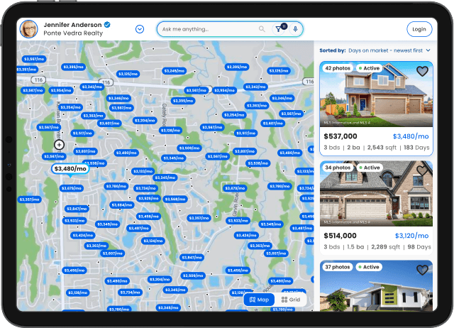 Afordal : Home Search on a tablet: the agent's photo and name at the top, a search bar, a map with a monthly payment on every pin, and a list of homes with prices and monthly payments.