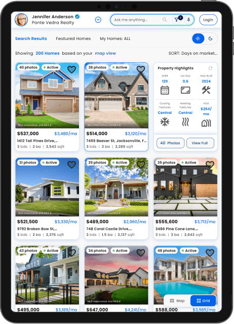 Afordal : Home Search on a tablet showing a grid of listings with price, monthly payment and details, and a Map and Grid switch.