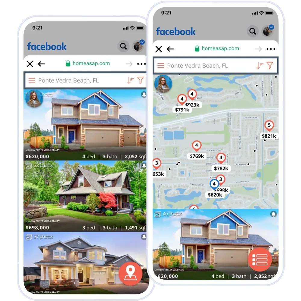 Top view of mobile devices displaying the List View and Map View of IDX Home Search shown inside Facebook's browser tab.